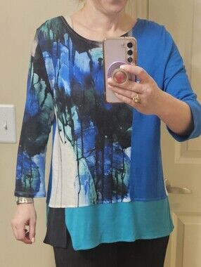 Lemon Grass New York Blue Teal Abstract Watercolor Tunic Top Size Small